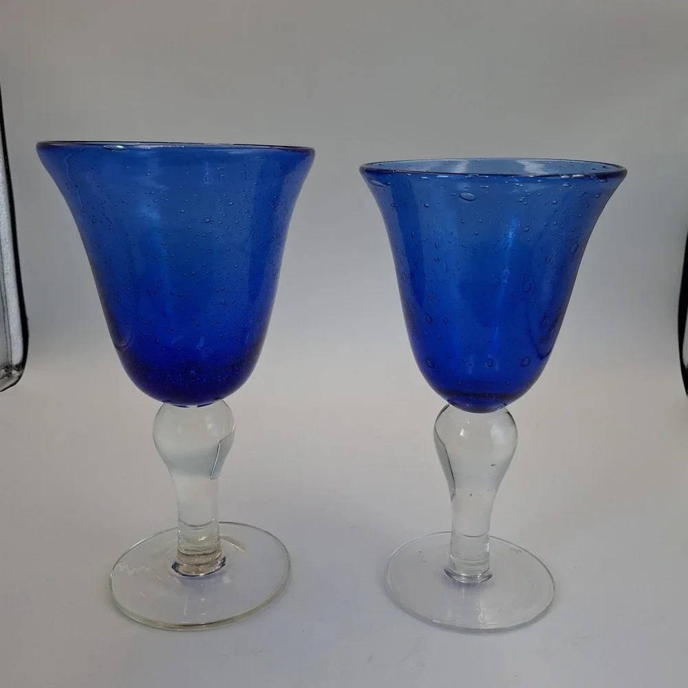 Pair Hand Blown Cobalt Blue Bubble Glass Goblets Clear Stem 8.5
